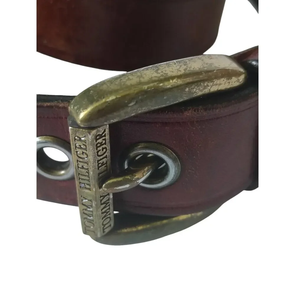 Tommy Hilfiger Brown Leather Belt Brass Buckle Grommet Detail Size